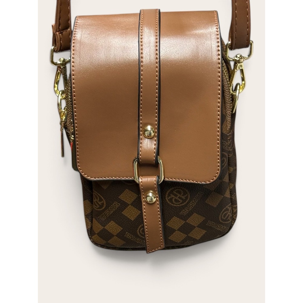 Yin Simon Brown Monogram Checkered Crossbody Bag Gold Hardware NWOT